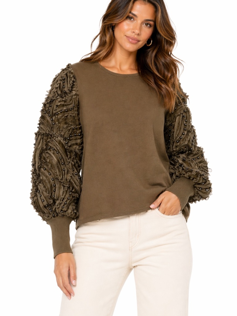 Liv Milano Size Medium Olive Green Ruffle & Beaded Long Puff‎ Sleeve Sweater Top